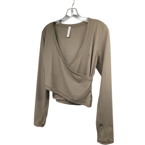 Athleta Encore Taupe Wrap Ballet V-Neck Yoga Top Shirt Large Stretch - Picture 3 of 6